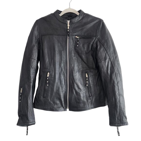 Derringer Black Genuine Leather Moto Jacket Zip Up Silver Hardware Size Medium - Picture 2 of 6